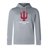 The Indiana University Women Club Lightweight Hoodie by WRS Canterbury features a bold red "IU" logo, "WOMEN'S RUGBY CLUB" in white on light gray, plus a comfy kangaroo pocket.