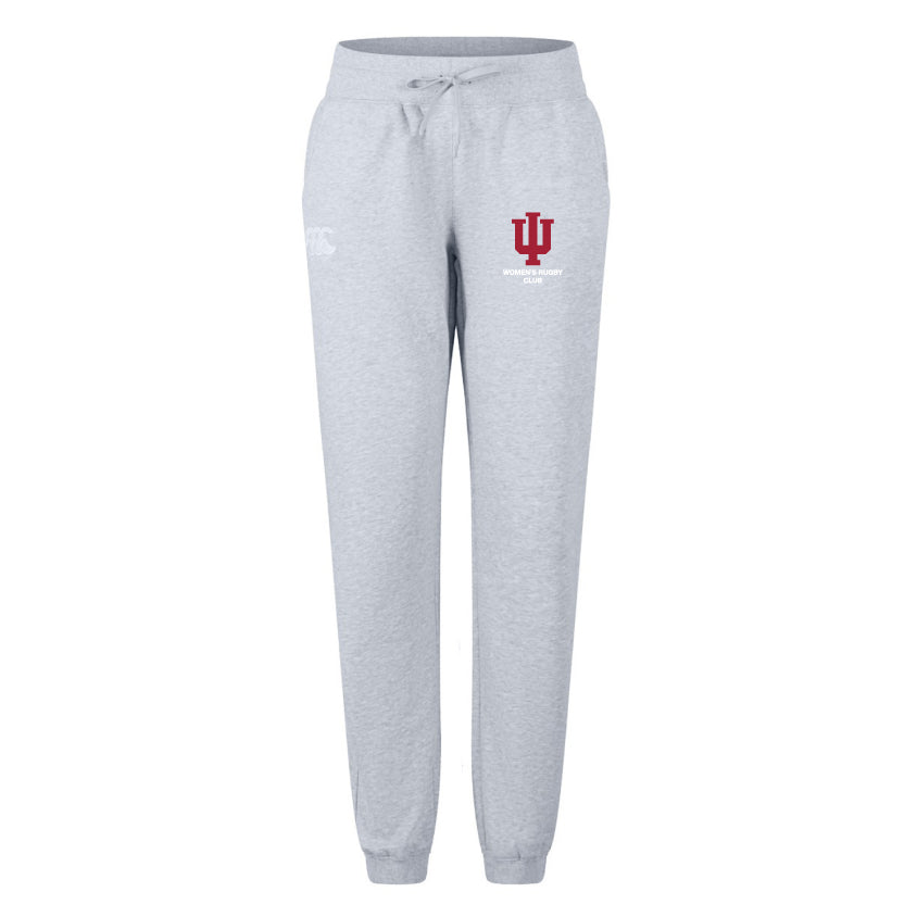 The EMB Canterbury Indiana University Women's Leisure Sweatpant features light gray organic cotton, an elastic waistband with drawstring, and a red and white IU logo on the left thigh.