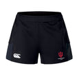 The Indiana University Women’s Advantage Short 2.0 by EMB Canterbury features the Canterbury logo on the left leg and the IU Women’s Rugby Club logo on the right leg.