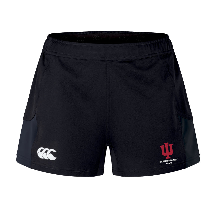 The Indiana University Women’s Advantage Short 2.0 by EMB Canterbury features the Canterbury logo on the left leg and the IU Women’s Rugby Club logo on the right leg.