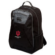 The EMB Canterbury Indiana University Women Medium Backpack features a water-repellent black design with gray accents, the Women’s Rugby Club logo, mesh side pocket, padded laptop pocket, and front pocket.