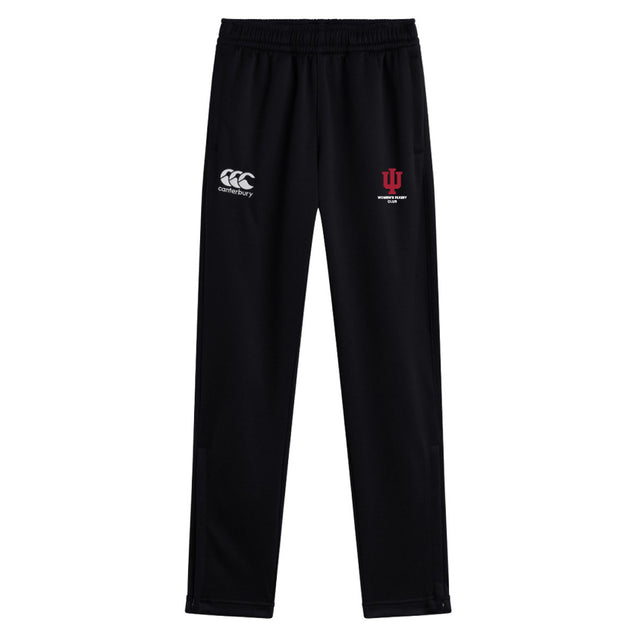 The Indiana University Women Stretch Tapered Pant by EMB Canterbury features a comfortable elastic waistband, quick-dry fabric, and the Canterbury logo on the left with the Indiana University logo on the right—perfect for stylish workouts.