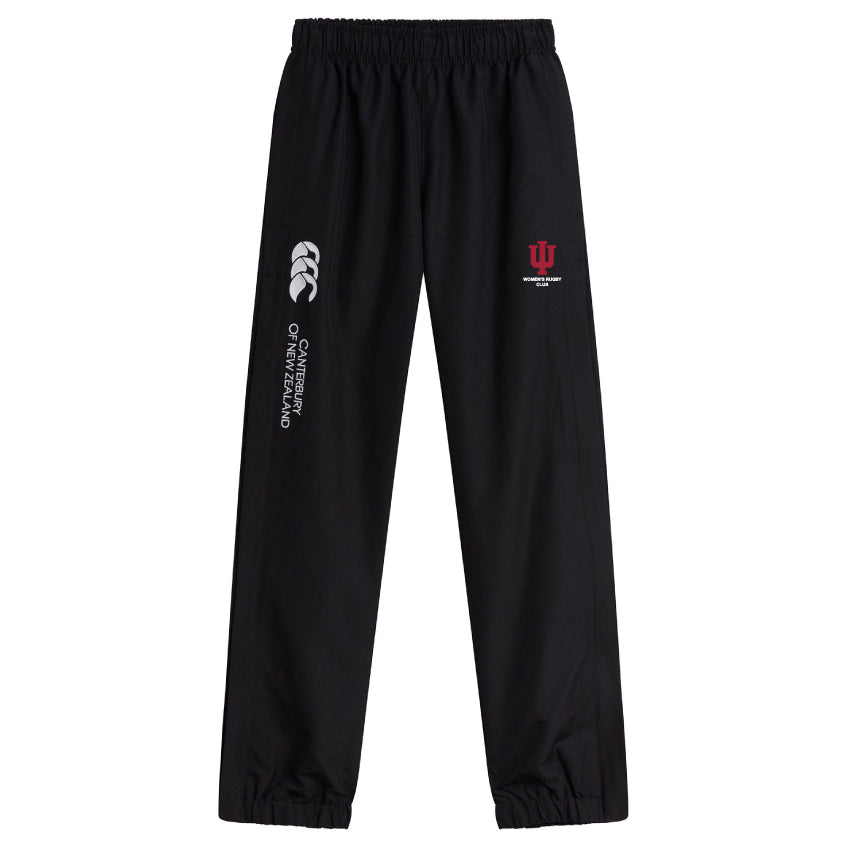 The Indiana University Women Cuffed Hem Stadium Pant by EMB Canterbury features an elastic waistband, cuffed hem, and both the Canterbury of New Zealand and Indiana University logos—ideal for rugby, athletics, or casual wear.