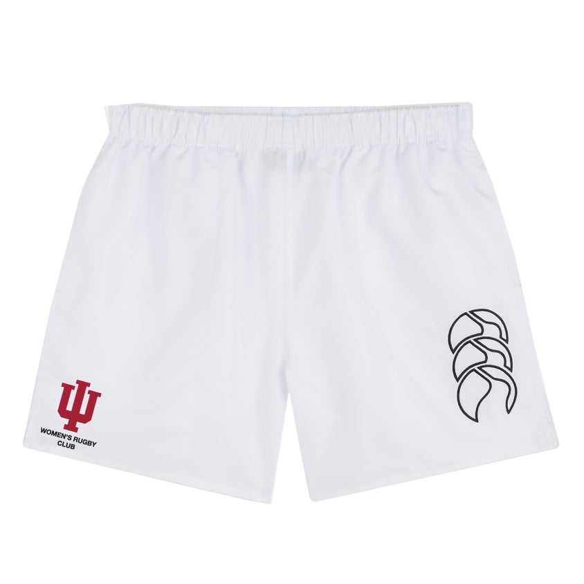 The Indiana University Women Tactic Short by EMB Canterbury features a lightweight white design with an elastic waistband, IU Women's Rugby Club logo in red, and black Canterbury logo—ideal classic shorts for practice or play.