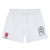The Indiana University Women Tactic Short by EMB Canterbury features a lightweight white design with an elastic waistband, IU Women's Rugby Club logo in red, and black Canterbury logo—ideal classic shorts for practice or play.