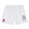 The Indiana University Women Tactic Short by EMB Canterbury features a lightweight white design with an elastic waistband, IU Women's Rugby Club logo in red, and black Canterbury logo—ideal classic shorts for practice or play.