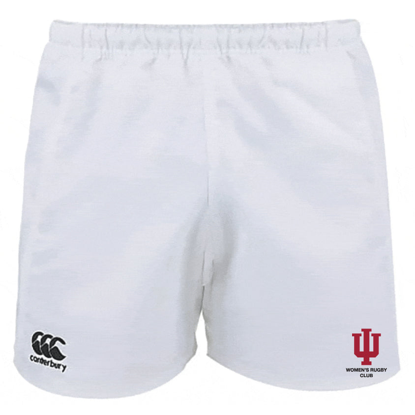 The Indiana University Women Player's Drill Short by EMB Canterbury is made from recycled fabric, featuring the Canterbury logo on the left leg and the Indiana University Women's Rugby Club logo on the right.