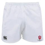 The Indiana University Women Player's Drill Short by EMB Canterbury is made from recycled fabric, featuring the Canterbury logo on the left leg and the Indiana University Women's Rugby Club logo on the right.