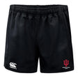 The Indiana University Women Player's Drill Short by EMB Canterbury is made from recycled fabric and features the Canterbury logo on the left leg and an IU Women's Rugby Club emblem on the right.