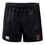 The Indiana University Women Player's Drill Short by EMB Canterbury is made from recycled fabric and features the Canterbury logo on the left leg and an IU Women's Rugby Club emblem on the right.