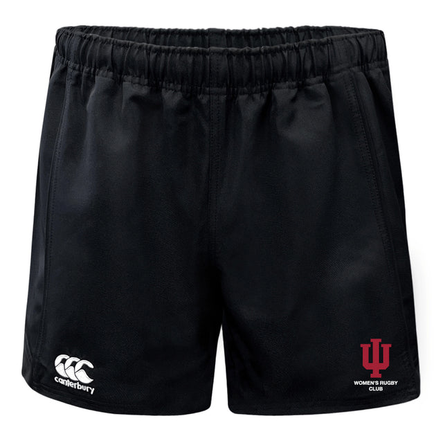 The Indiana University Women Player's Drill Short by EMB Canterbury is made from recycled fabric and features the Canterbury logo on the left leg and an IU Women's Rugby Club emblem on the right.