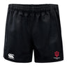 The Indiana University Women Player's Drill Short by EMB Canterbury is made from recycled fabric and features the Canterbury logo on the left leg and an IU Women's Rugby Club emblem on the right.