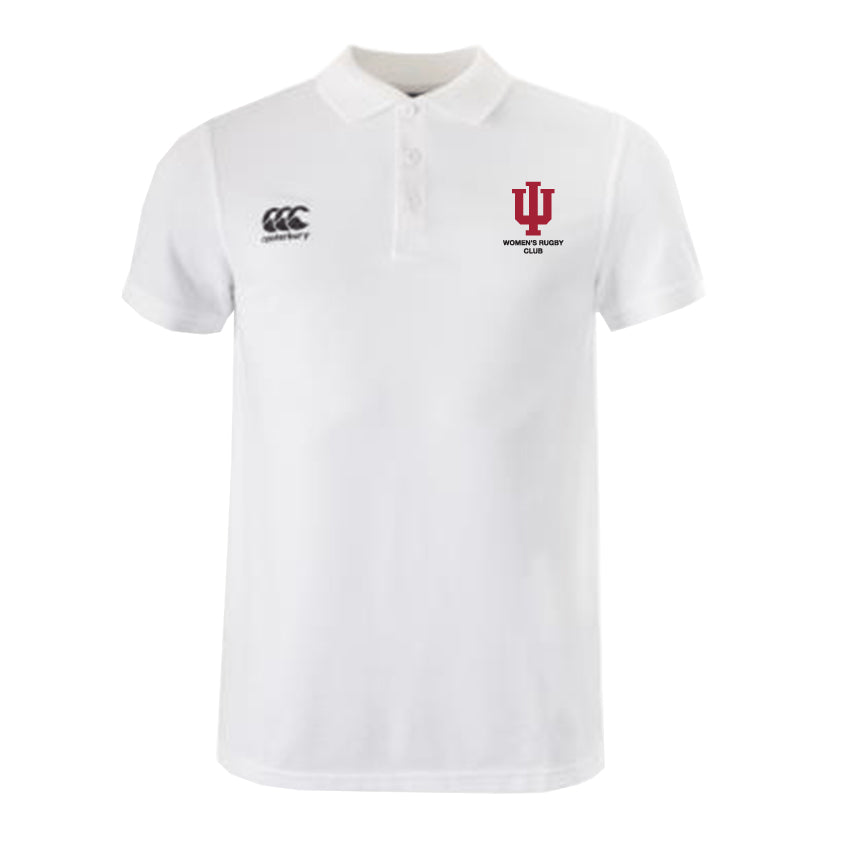 The Indiana University Women Waimak Polo by EMB Canterbury is a white men's short-sleeve polo featuring the Canterbury rugby logo on the right chest and the IU Women’s Rugby Club logo on the left, inspired by the classic CCC Waimak design.