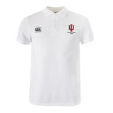 The Indiana University Women Waimak Polo by EMB Canterbury is a white men's short-sleeve polo featuring the Canterbury rugby logo on the right chest and the IU Women’s Rugby Club logo on the left, inspired by the classic CCC Waimak design.