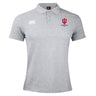 The Indiana University Women Waimak Polo by EMB Canterbury is a light grey men's polo with the Canterbury rugby logo on the right chest and IU Women's Rugby Club logo on the left, styled after the CCC Waimak Rugby Polo.