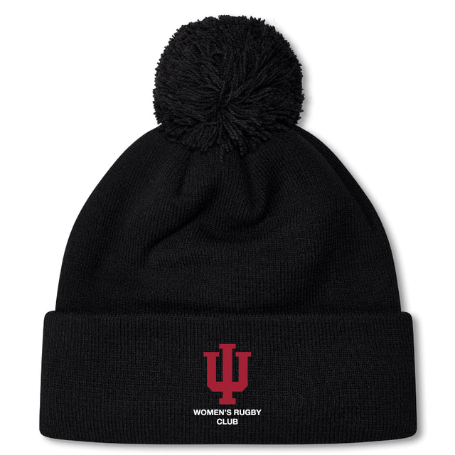 The EMB Canterbury Indiana University Women Pom Pom Beanie features a black knit design, fleece lining, a red IU logo, and "Women's Rugby Club" embroidered on the front cuff.