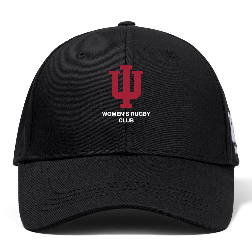 The EMB Canterbury Indiana University Women Flexfit Drill Cap features a red IU logo and "Women's Rugby Club" embroidered in white on the front.
