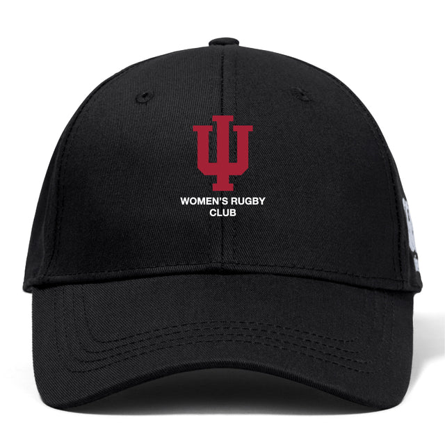 The EMB Canterbury Indiana University Women Flexfit Drill Cap features a red IU logo and "Women's Rugby Club" embroidered in white on the front.