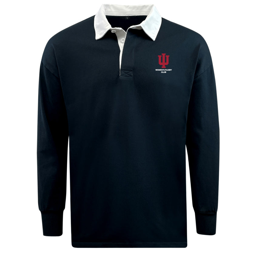The EMB Mudoo Indiana University Women Classic Long Sleeve Solid Rugby Jersey is black with a white collar and features the "IU Women's Rugby Club" logo on the left chest.