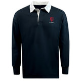 The EMB Mudoo Indiana University Women Classic Long Sleeve Solid Rugby Jersey is black with a white collar and features the "IU Women's Rugby Club" logo on the left chest.