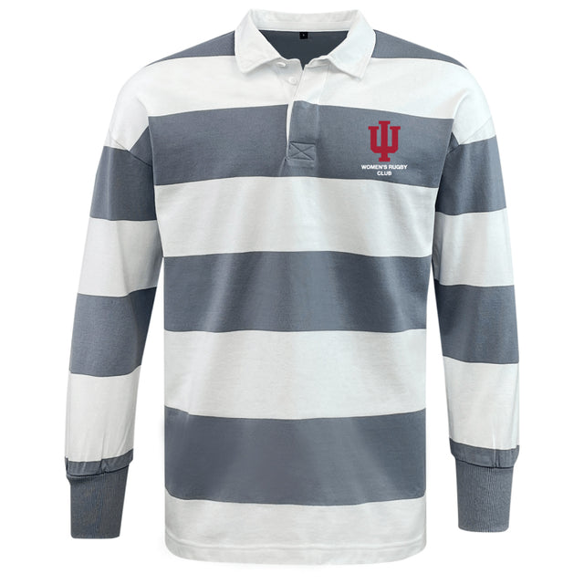 The EMB Mudoo Indiana University Women Classic Long Sleeve Hooped Rugby Jersey features wide gray and white stripes, a white collar, and the IU Women's Rugby Club logo for timeless style.