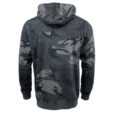 The back view of the All Blacks Camo Hoodie by adidas in gray showcases a classic camouflage design, complete with a hood, long sleeves, and ribbed cuffs and hem. It is crafted from recycled polyester for an eco-friendly touch.