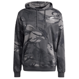 The All Blacks Camo Hoodie by adidas is a gray camouflage-patterned hoodie made from recycled polyester, featuring a drawstring hood, long sleeves, and the "All Blacks" logo on the chest.