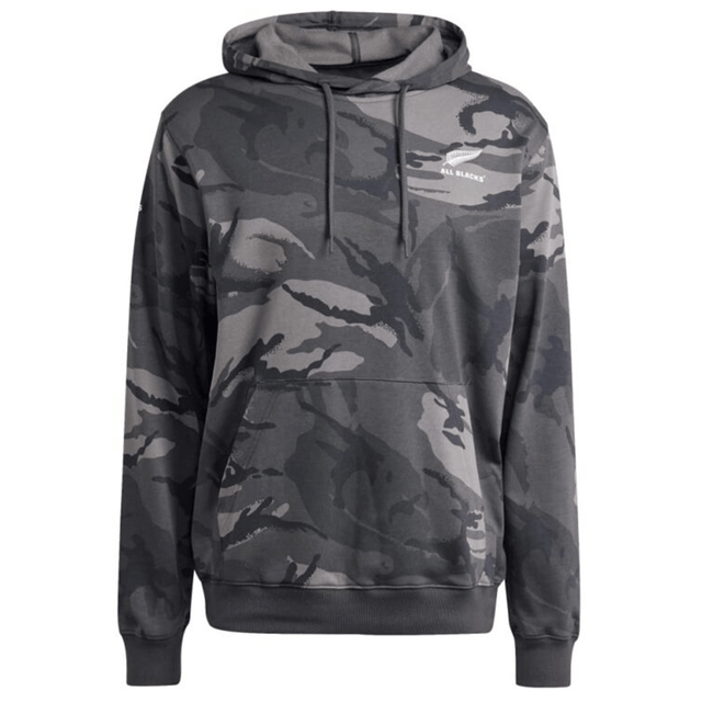 The All Blacks Camo Hoodie by adidas is a gray camouflage-patterned hoodie made from recycled polyester, featuring a drawstring hood, long sleeves, and the "All Blacks" logo on the chest.