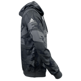 Side view of the All Blacks Camo Hoodie by adidas, showcasing a black and grey camouflage design. Made from recycled polyester, it features the adidas logo on the upper sleeve.