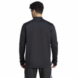 A person with short curly hair, facing away, is wearing the All Blacks 24/25 Fleece 1/4 Zip by adidas with AEROREADY technology and black pants with white stripes.