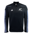 The Adidas All Blacks 24/25 Fleece 1/4 Zip top features a black design with a quarter zip and "All Blacks" logo, two white chest emblems, and light blue stripes on the sleeves. AEROREADY technology keeps you comfortable while showing your support.