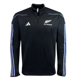 The Adidas All Blacks 24/25 Fleece 1/4 Zip top features a black design with a quarter zip and "All Blacks" logo, two white chest emblems, and light blue stripes on the sleeves. AEROREADY technology keeps you comfortable while showing your support.
