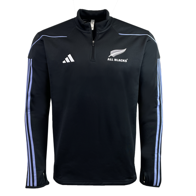 The Adidas All Blacks 24/25 Fleece 1/4 Zip top features a black design with a quarter zip and "All Blacks" logo, two white chest emblems, and light blue stripes on the sleeves. AEROREADY technology keeps you comfortable while showing your support.