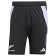 These black All Blacks 24/25 Performance Gym Shorts by adidas are made from recycled materials, featuring white side panels and showcasing the All Blacks logo on the left leg with the adidas logo on the right.