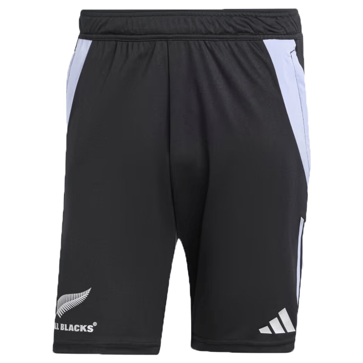 These black All Blacks 24/25 Performance Gym Shorts by adidas are made from recycled materials, featuring white side panels and showcasing the All Blacks logo on the left leg with the adidas logo on the right.