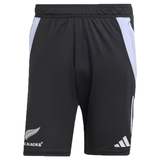 These black All Blacks 24/25 Performance Gym Shorts by adidas are made from recycled materials, featuring white side panels and showcasing the All Blacks logo on the left leg with the adidas logo on the right.