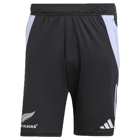 Introducing the All Blacks 24/25 Performance Gym Rugby Shorts by adidas—black athletic shorts made from recycled materials, designed with white side panels. These gym shorts feature the iconic All Blacks logo on the left leg and the adidas logo on the right leg, making them ideal as All Blacks gym shorts or adidas rugby training shorts.
