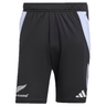 These black All Blacks 24/25 Performance Gym Shorts by adidas are made from recycled materials, featuring white side panels and showcasing the All Blacks logo on the left leg with the adidas logo on the right.