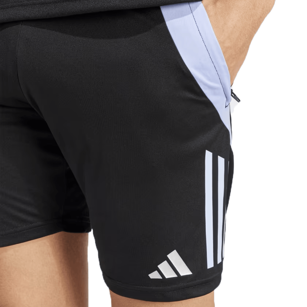 Close-up of an individual wearing the All Blacks 24/25 Performance Gym Shorts by adidas, featuring black with white and light blue stripe details, crafted from recycled materials.