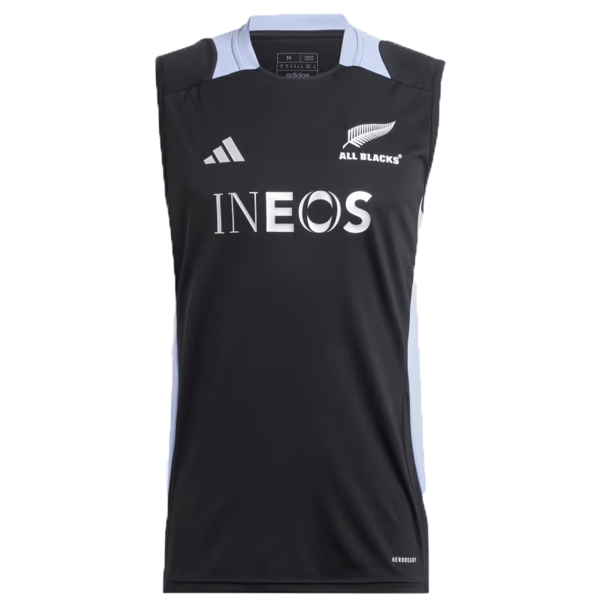 The All Blacks 24/25 Performance Singlet by adidas is a black sleeveless sports jersey prominently displaying the All Blacks logo along with the Adidas emblem and "INEOS" sponsor name on the front. It is crafted with AEROREADY technology to ensure comfort and dryness during intense workouts.