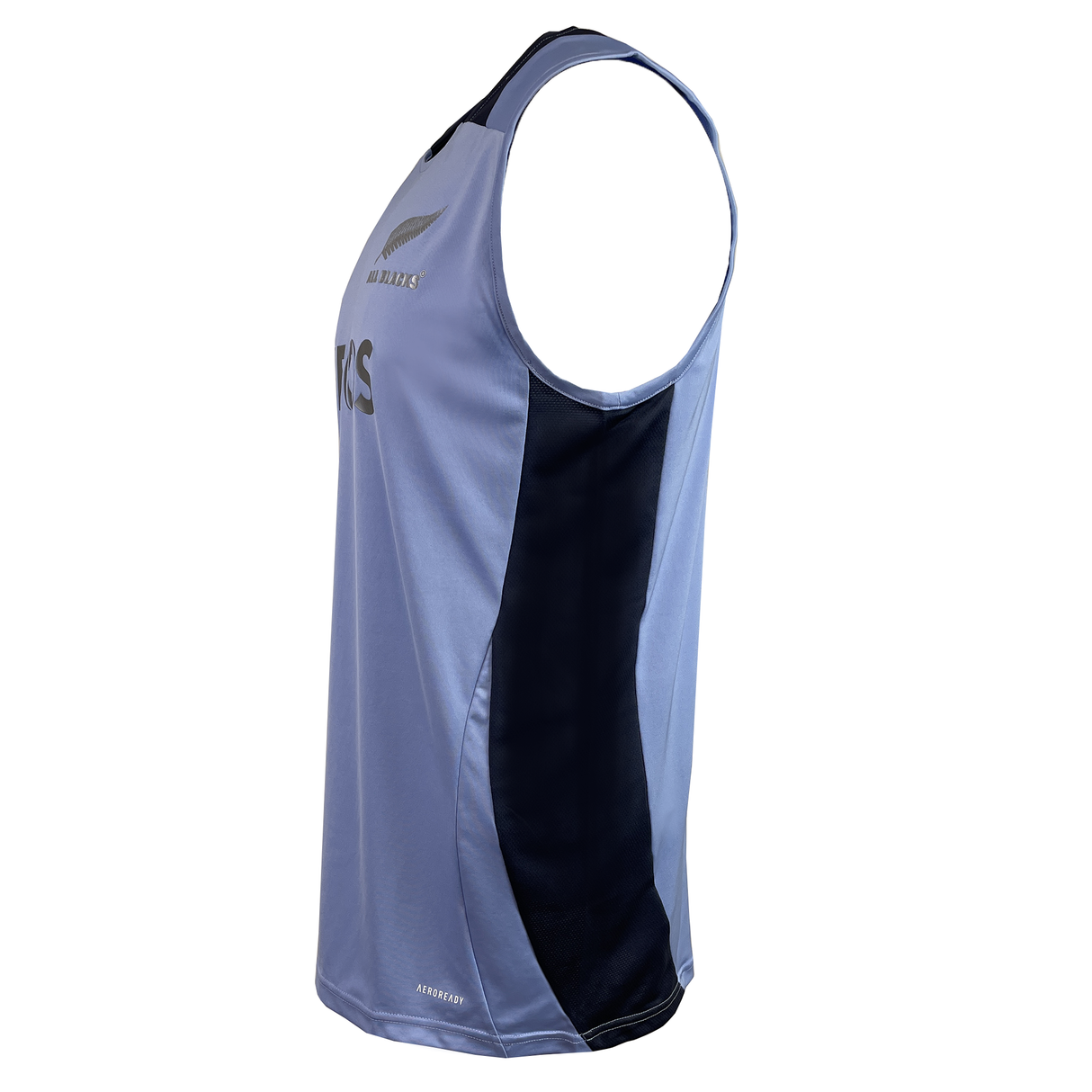 The All Blacks 24/25 Performance Training Singlet by adidas is an athletic top with a light blue front, dark blue side panels, and features the All Blacks logo on the chest.