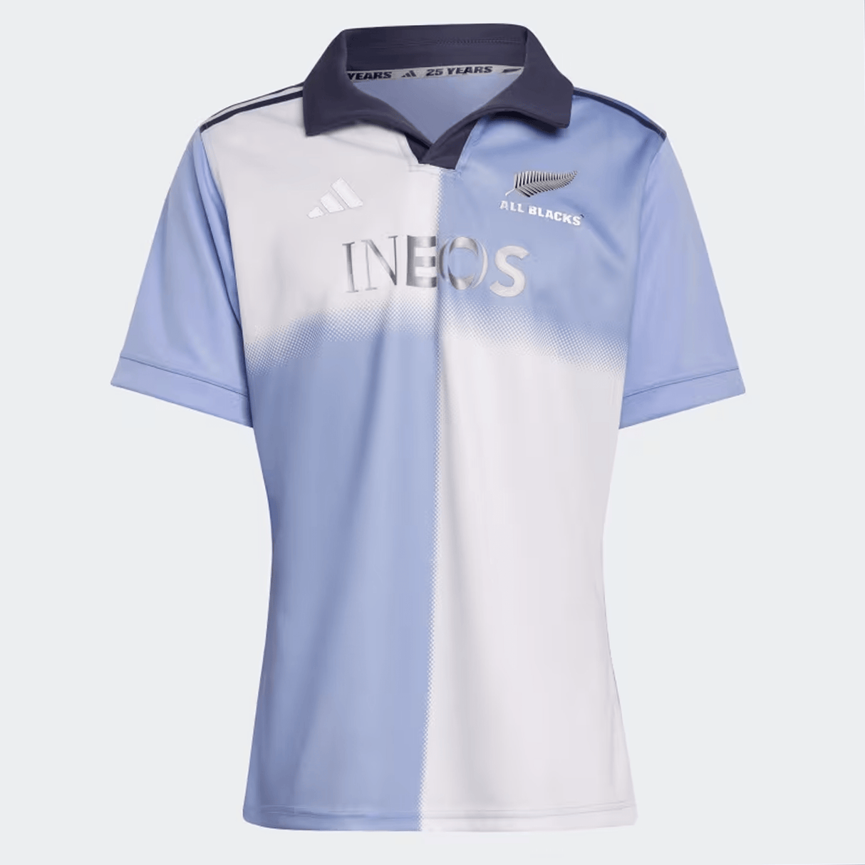 A light blue and white gradient Adidas All Blacks 24/25 Training Jersey with a collar, showcasing the iconic silver fern logo, "INEOS" text, and the distinguished All Blacks emblem.