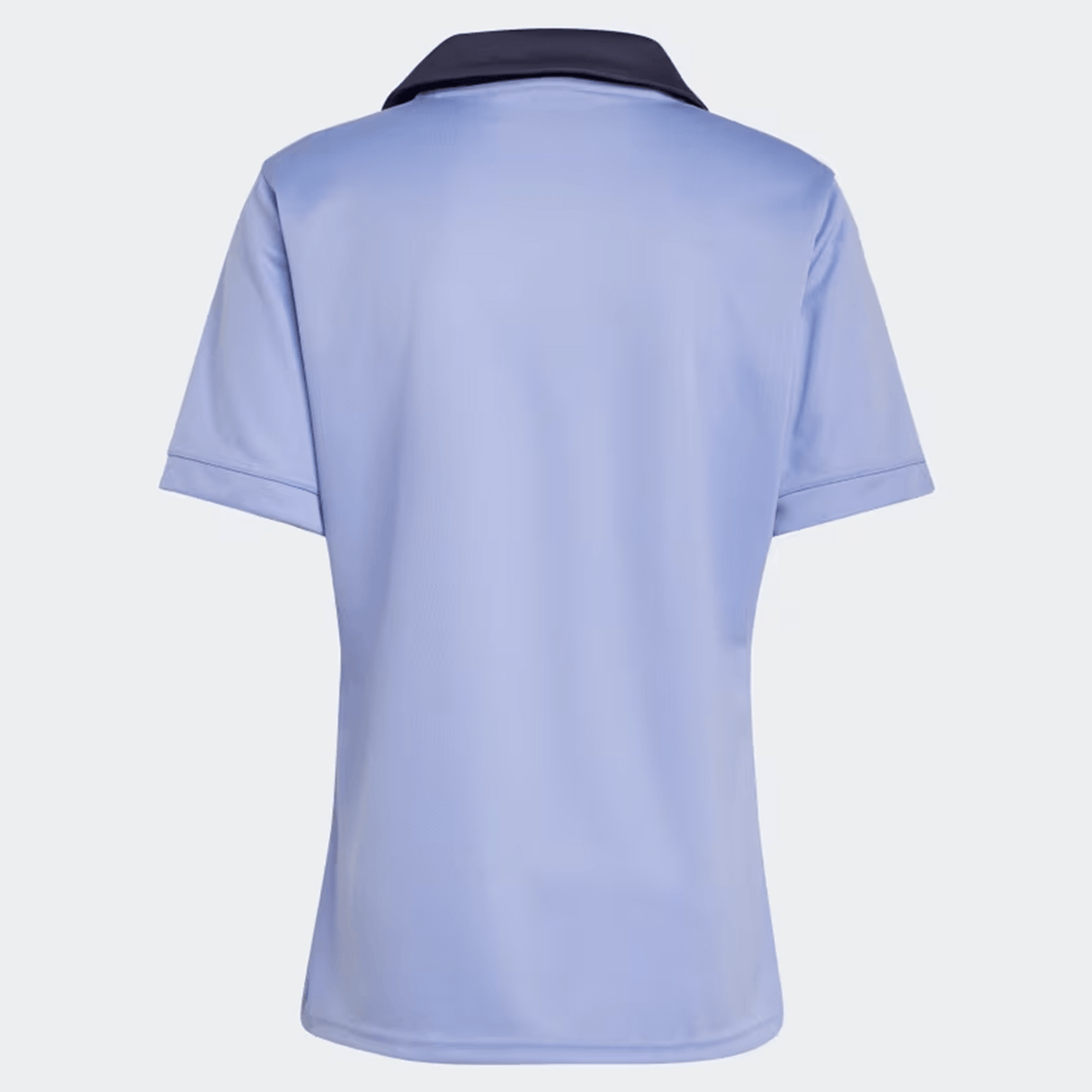 Viewed from the back against a plain backdrop, the All Blacks 24/25 Training Jersey by adidas is a light blue short-sleeve polo with a dark collar and subtle silver fern logo.