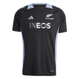 Introducing the All Blacks 24/25 Performance T-Shirt by adidas, a black and gray rugby tee adorned with the renowned "All Blacks" logo and "INEOS" branding. Crafted with AEROREADY technology, it ensures you stay cool and comfortable on the field.