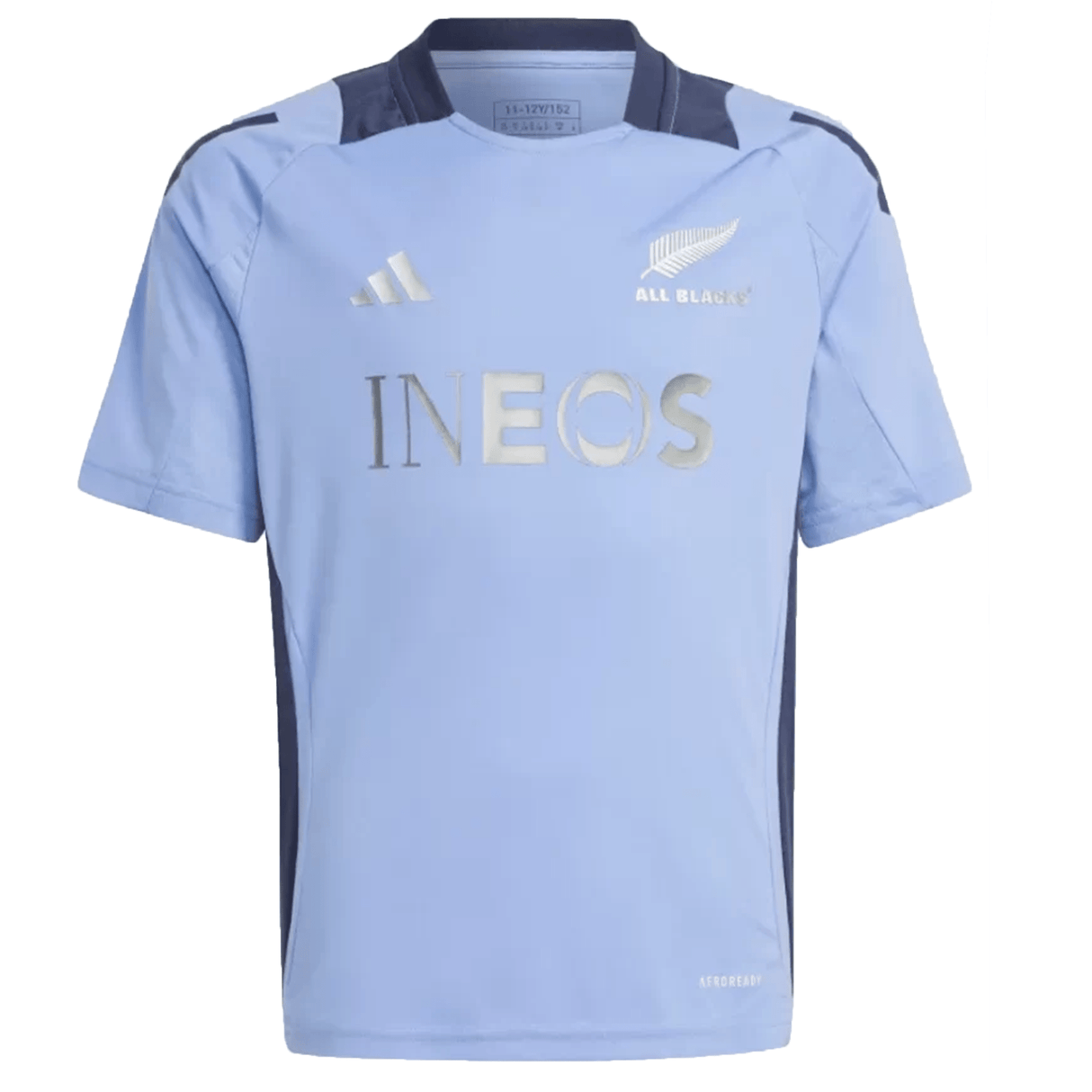 The light blue All Blacks 24/25 Performance T-Shirt by adidas showcases the "INEOS" logo, New Zealand All Blacks emblem, and incorporates AEROREADY technology for optimal comfort both on and off the field.