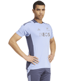 A person wearing the All Blacks 24/25 Performance T-Shirt by adidas, featuring a light blue and dark blue design with an "INEOS" logo, stands with hands on hips and looks forward; the AEROREADY technology in the fabric helps them stay cool and dry, capturing the resilience of the All Blacks.