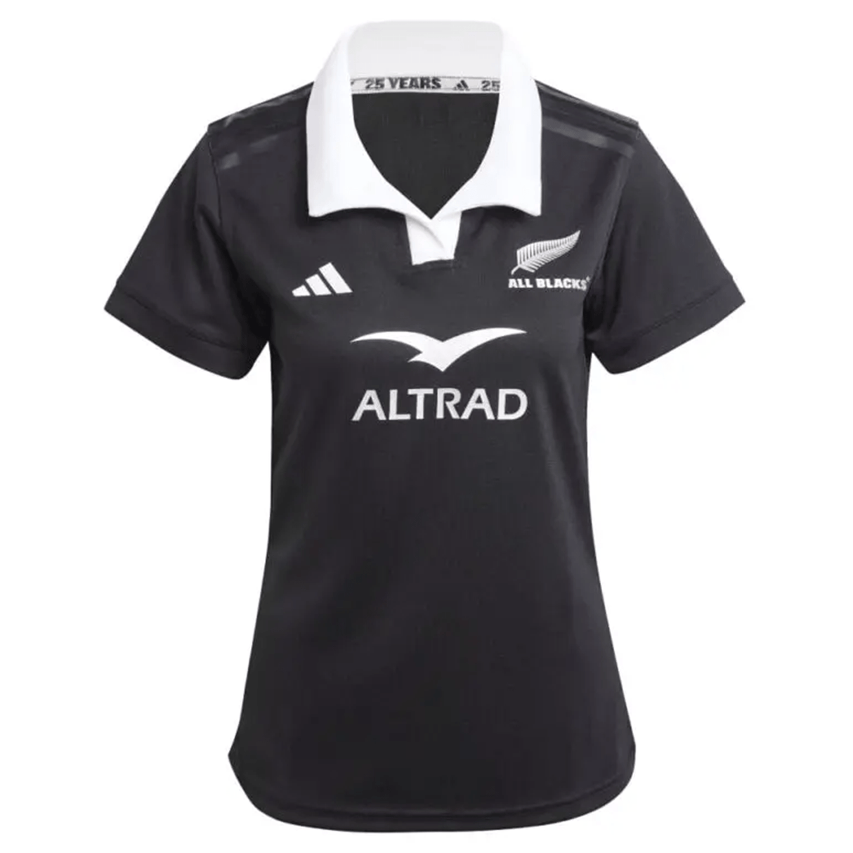 The Women's All Blacks 24/25 Home Supporters Jersey by adidas is a black rugby jersey with a white collar, silver fern logo, "ALL BLACKS" text, three stripes, and "ALTRAD" sponsor logo. It features AEROREADY technology for enhanced comfort and performance.