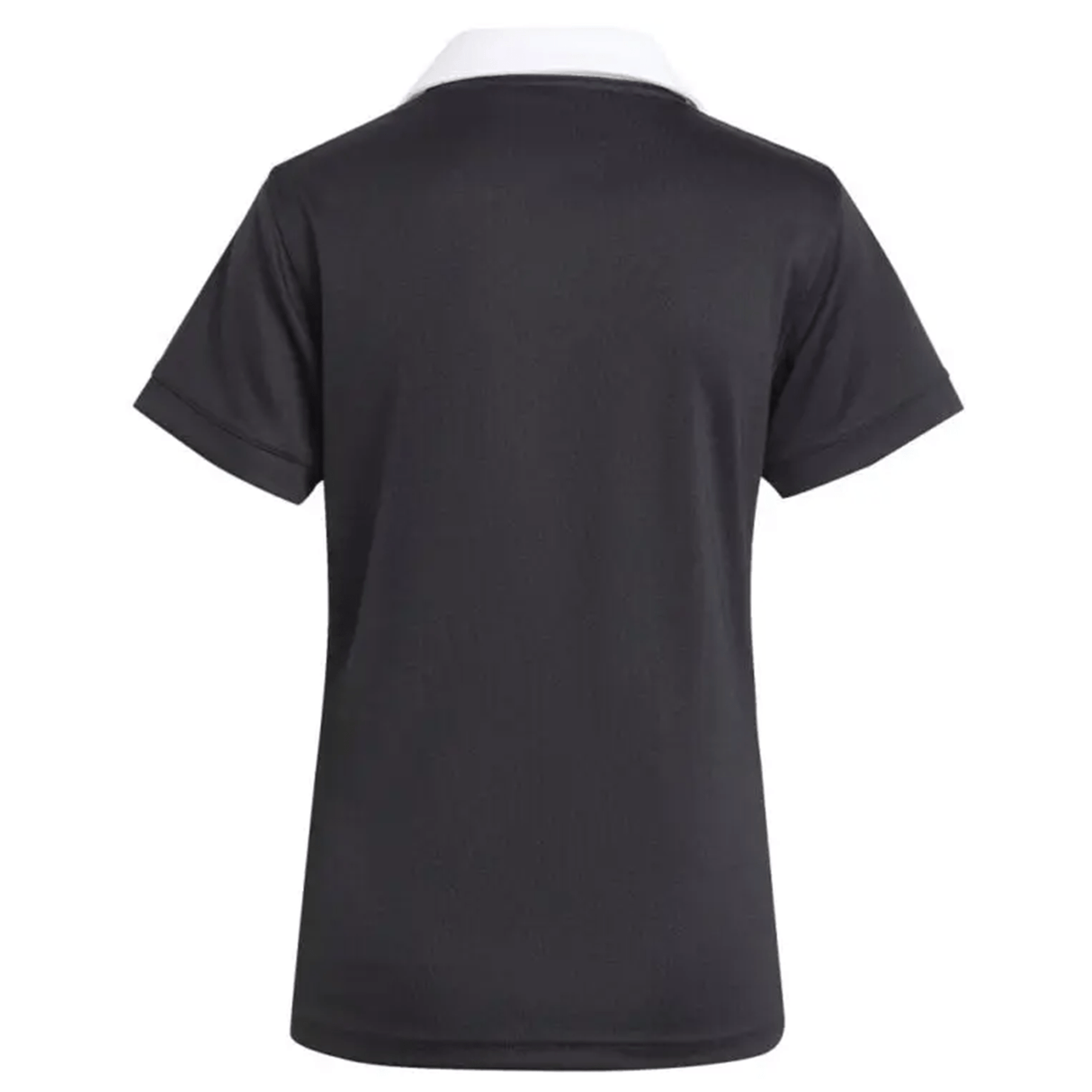 The back view of the Women's All Blacks 24/25 Home Supporters Jersey by adidas features a short-sleeved black design with a white collar, enhanced with AEROREADY technology for ultimate comfort against a plain background.