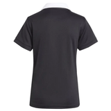 The back view of the Women's All Blacks 24/25 Home Supporters Jersey by adidas features a short-sleeved black design with a white collar, enhanced with AEROREADY technology for ultimate comfort against a plain background.