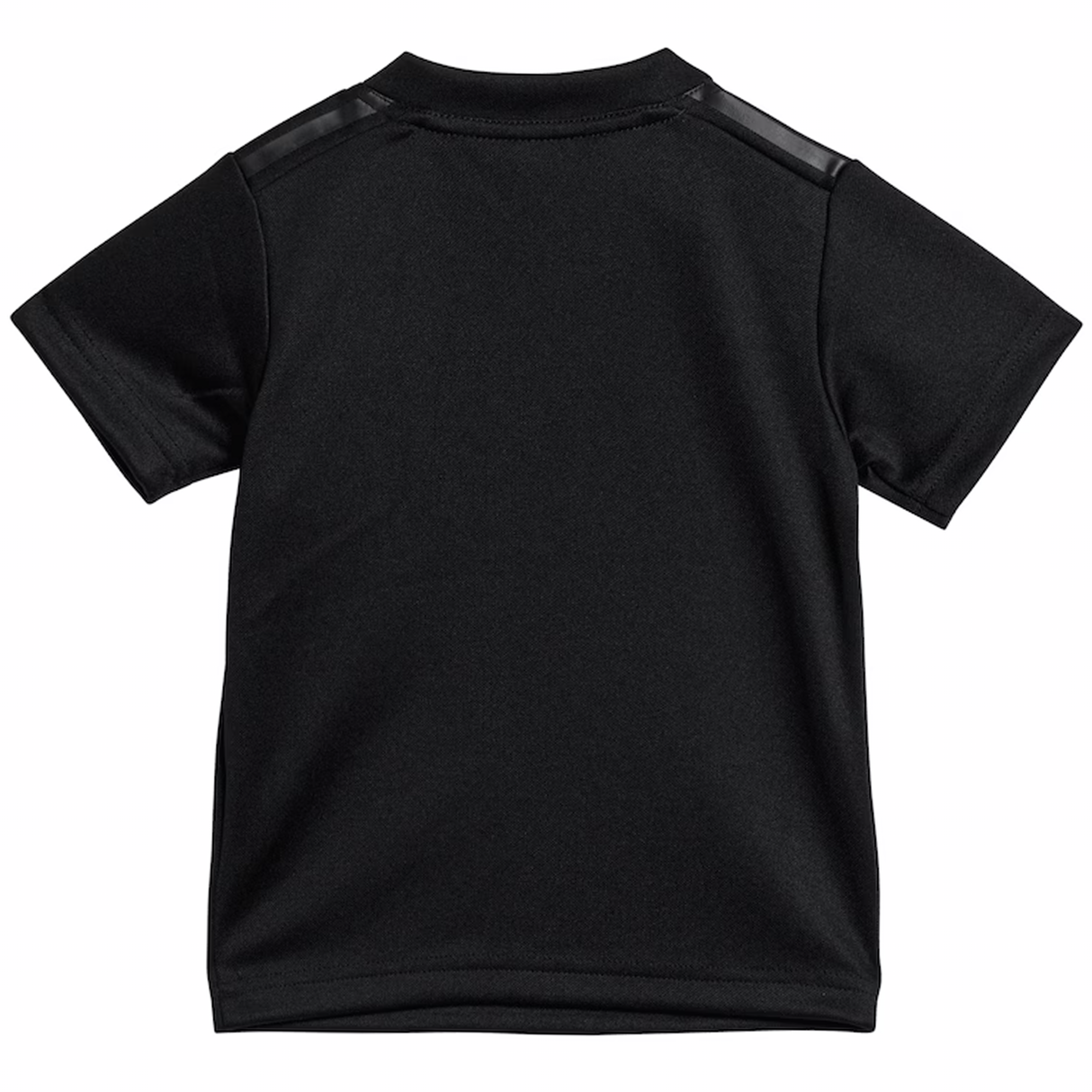 Back view of a plain black short-sleeve T-shirt with a round neckline and faux leather shoulder accents inspired by the iconic style of the adidas Infant All Blacks 24/25 Home Kit.